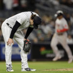 
              New York Yankees pitcher Gerrit Cole reacts after giving up a three-run home run to Boston Red Sox's Alex Verdugo during the sixth inning of a baseball game on Friday, Sept. 23, 2022, in New York. (AP Photo/Adam Hunger)
            