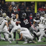 
              New Orleans Saints kicker Wil Lutz (3) makes a winning field goal for a victory over the Atlanta Falcons during the final minute of the fourth quarter of an NFL football game Sunday, Sept. 11, 2022, in Atlanta. (Curtis Compton/Atlanta Journal-Constitution via AP)
            