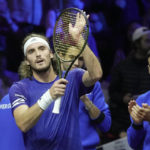 
              Team Europe's Stefanos Tsitsipas celebrates after winning a match against Team World's Diego Schwartzman on day one of the Laver Cup tennis tournament at the O2 in London, Friday, Sept. 23, 2022. (AP Photo/Kin Cheung)
            