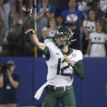 
              Baylor quarterback Blake Shapen (12) passes the ball in the first half of an NCAA college football game against BYU, Saturday, Sept. 10, 2022, in Provo, Utah. (AP Photo/George Frey)
            