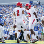 
              Youngstown State linebacker Keon Freeman (52) celebrates after an interception by defensive back Troy Jakubec (2)during the first half of an NCAA college football game against Kentucky in Lexington, Ky., Saturday, Sept. 17, 2022. (AP Photo/Michael Clubb)
            