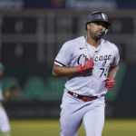 
              Chicago White Sox's Eloy Jiménez runs the bases after hitting a solo home run against the Oakland Athletics during the ninth inning of a baseball game in Oakland, Calif., Friday, Sept. 9, 2022. (AP Photo/Godofredo A. Vásquez)
            