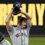 
              St. Louis Cardinals starting pitcher Miles Mikolas wipes his face after giving up a two-run triple to Pittsburgh Pirates' Oneil Cruz during the fifth inning of a baseball game, Friday, Sept. 9, 2022, in Pittsburgh. (AP Photo/Keith Srakocic)
            