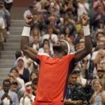 
              Frances Tiafoe, of the United States, reacts after defeating Andrey Rublev, of Russia, during the quarterfinals of the U.S. Open tennis championships, Wednesday, Sept. 7, 2022, in New York. (AP Photo/Mary Altaffer)
            