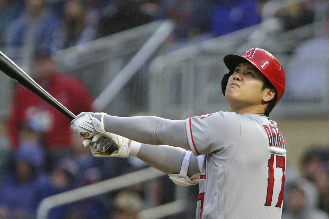 Los Angeles Angels Shohei Ohtani flies out during the first inning of the team's baseball game agai...