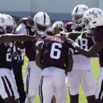 
              Mississippi State wide receiver Jamire Calvin (6) is congratulated by teammates following his two-yard touchdown reception during the first half of an NCAA college football game against Bowling Green in Starkville, Miss., Saturday, Sept. 24, 2022. (AP Photo/Rogelio V. Solis)
            