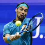 
              Fabio Fognini, of Italy, returns a shot to Rafael Nadal, of Spain, during the second round of the U.S. Open tennis championships, Thursday, Sept. 1, 2022, in New York. (AP Photo/Frank Franklin II)
            