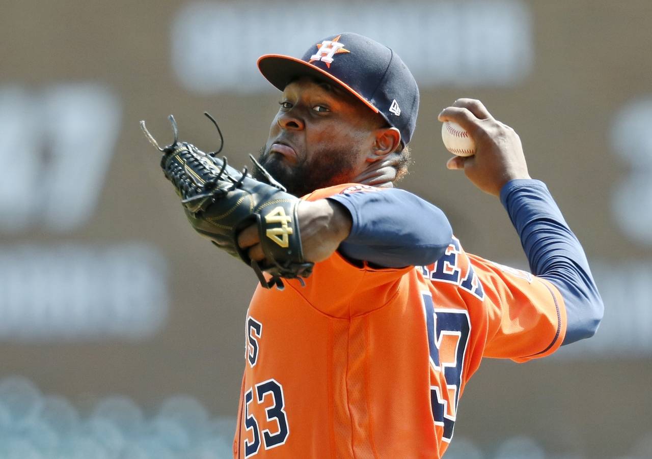 Houston Astros starting pitcher Cristian Javier (53) delivers against the Detroit Tigers during the...