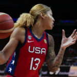 
              United States' Shakira Austin looks for support during their game at the women's Basketball World Cup against South Korea in Sydney, Australia, Monday, Sept. 26, 2022. (AP Photo/Mark Baker)
            