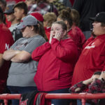 
              A Nebraska fan reacts to a missed field goal at the end of the team's NCAA college football game agianst Georgia Southern on Saturday, Sept. 10, 2022, in Lincoln, Neb. (Noah Riffe/Lincoln Journal Star via AP)
            