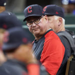 
              Cleveland Guardians manager Terry Francona looks back into the dugout during a baseball game against the Texas Rangers in Arlington, Texas, Friday, Sept. 23, 2022. (AP Photo/LM Otero)
            