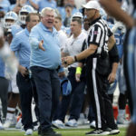 
              North Carolina head coach Mack Brown argues a call with an offical during the second half of an NCAA college football game against Notre Dame in Chapel Hill, N.C., Saturday, Sept. 24, 2022. (AP Photo/Chris Seward)
            