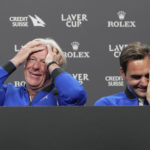 
              Team Europe members Switzerland's Roger Federer, right, and Captain Björn Borg attend a press conference ahead of the Laver Cup tennis tournament at the O2 in London, Thursday, Sept. 22, 2022. (AP Photo/Kin Cheung)
            