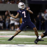 
              Arizona quarterback Jayden de Laura throws a pass in the first half against Mississippi State during an NCAA college football game, Saturday, Sept. 10, 2022, in Tucson, Ariz. (AP Photo/Chris Coduto)
            