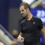 
              Richard Gasquet, of France, reacts to play against Rafael Nadal, of Spain, during the third round of the U.S. Open tennis championships, Saturday, Sept. 3, 2022, in New York. (AP Photo/Adam Hunger)
            