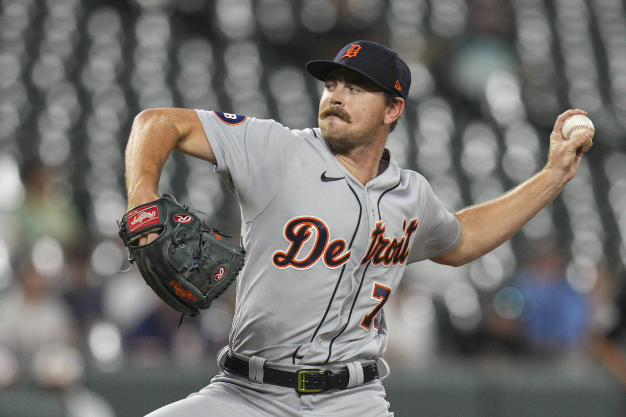 Detroit Tigers starting pitcher Tyler Alexander throws to the Baltimore Orioles during the first in...