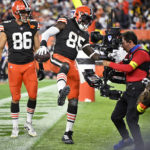 
              Cleveland Browns tight end David Njoku (85) celebrates a touchdown against the Pittsburgh Steelers during the first half of an NFL football game in Cleveland, Thursday, Sept. 22, 2022. (AP Photo/David Richard)
            