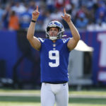 
              New York Giants kicker Graham Gano reacts after kicking a field goal during the second half an NFL football game against the Carolina Panthers, Sunday, Sept. 18, 2022, in East Rutherford, N.J. (AP Photo/John Munson)
            