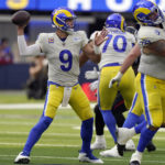 
              Los Angeles Rams quarterback Matthew Stafford throws a pass during the second half of an NFL football game against the Atlanta Falcons, Sunday, Sept. 18, 2022, in Inglewood, Calif. (AP Photo/Mark J. Terrill)
            