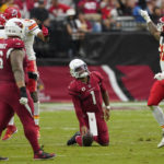 
              Arizona Cardinals quarterback Kyler Murray (1) reacts after he was sacked by the Kansas City Chiefs during the second half of an NFL football game, Sunday, Sept. 11, 2022, in Glendale, Ariz. (AP Photo/Matt York)
            