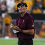 
              Arizona State coach Herm Edwards looks toward the scoreboard with his team his down against Eastern Michigan during the first half of an NCAA college football game Saturday, Sept. 17, 2022, in Tempe, Ariz. (AP Photo/Darryl Webb)
            