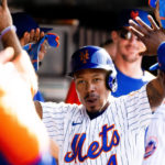 
              New York Mets' Terrance Gore high-fives teammates in the dugout after scoring during the eighth inning of a baseball game against the Pittsburgh Pirates, Sunday, Sept. 18, 2022, in New York. (AP Photo/Julia Nikhinson)
            