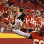
              Kansas City Chiefs linebacker Willie Gay greets fans after an NFL football game against the Los Angeles Charger Thursday, Sept. 15, 2022, in Kansas City, Mo. The Chiefs won 27-24. (AP Photo/Charlie Riedel)
            