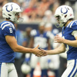 
              Indianapolis Colts place kicker Rodrigo Blankenship (3) celebrates a find goal with teammat punter Matt Haack (6) during the second half of an NFL football game Sunday, Sept. 11, 2022, in Houston. (AP Photo/Eric Christian Smith)
            