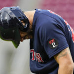 
              Boston Red Sox's Tommy Pham reacts after being hit by a pitch during the first inning of the team's baseball game against the Cincinnati Reds Wednesday, Sept. 21, 2022, in Cincinnati. (AP Photo/Jeff Dean)
            
