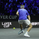 
              Team Europe's Casper Ruud returns a ball to Team World's Jack Sock during a match on day one of the Laver Cup tennis tournament at the O2 in London, Friday, Sept. 23, 2022. (AP Photo/Kin Cheung)
            