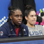 
              United States' Kelsey Plum at right and Chelsea Gray in blue look on before their game against Puerto Rico at the women's Basketball World Cup in Sydney, Australia, Friday, Sept. 23, 2022. (AP Photo/Mark Baker)
            