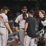 
              Baltimore Orioles pitching coach Chris Holt, second from right, meets on the mound with third baseman Gunnar Henderson, left, starting pitcher Tyler Wells and catcher Adley Rutschman during the fourth inning of the team's baseball game against the Washington Nationals at Nationals Park, Tuesday, Sept. 14, 2022, in Washington. (AP Photo/Jess Rapfogel)
            