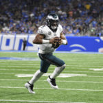 
              Philadelphia Eagles quarterback Jalen Hurts (1) runs the ball against the Detroit Lions in the first half of an NFL football game in Detroit, Sunday, Sept. 11, 2022. (AP Photo/Lon Horwedel)
            