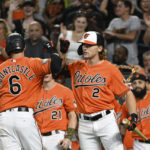 
              Baltimore Orioles' Ryan Mountcastle (6) is greeted by Gunnar Henderson (2) after hitting a two-run home run against Oakland Athletics starting pitcher Adam Oller which scored Cedric Mullins during the first inning of a baseball game, Saturday, Sept. 3, 2022, in Baltimore. (AP Photo/Terrance Williams)
            