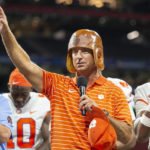 
              Clemson Tigers head coach Dabo Swinney wears the leather hat after victory over Georgia Tech in an NCAA college football game Monday, Sept. 5, 2022, in Atlanta. (AP Photo/Hakim Wright Sr.)
            