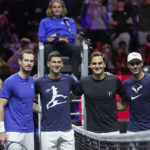 
              From left, Britain's Andy Murray, Serbia's Novak Djokovic, Switzerland's Roger Federer and Spain's Rafael Nadal attend a training session ahead of the Laver Cup tennis tournament at the O2 in London, Thursday, Sept. 22, 2022. (AP Photo/Kin Cheung)
            