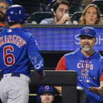 
              Chicago Cubs manager David Ross, right, celebrates with Zach McKinstry (6) after McKinstry hit a two run home run during the third inning of a baseball game against the New York Mets, Monday, Sept. 12, 2022, in New York. (AP Photo/Frank Franklin II)
            