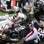 
              New Orleans Saints Mark Ingram II (22) is stopped short on a two-point conversion against the Atlanta Falcons during the second half of an NFL football game, Sunday, Sept. 11, 2022, in Atlanta. (AP Photo/John Bazemore)
            