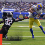 
              Los Angeles Rams wide receiver Cooper Kupp, right, gets away from Atlanta Falcons safety Jaylinn Hawkins as he scores a touchdown during the second half of an NFL football game Sunday, Sept. 18, 2022, in Inglewood, Calif. (AP Photo/Mark J. Terrill)
            