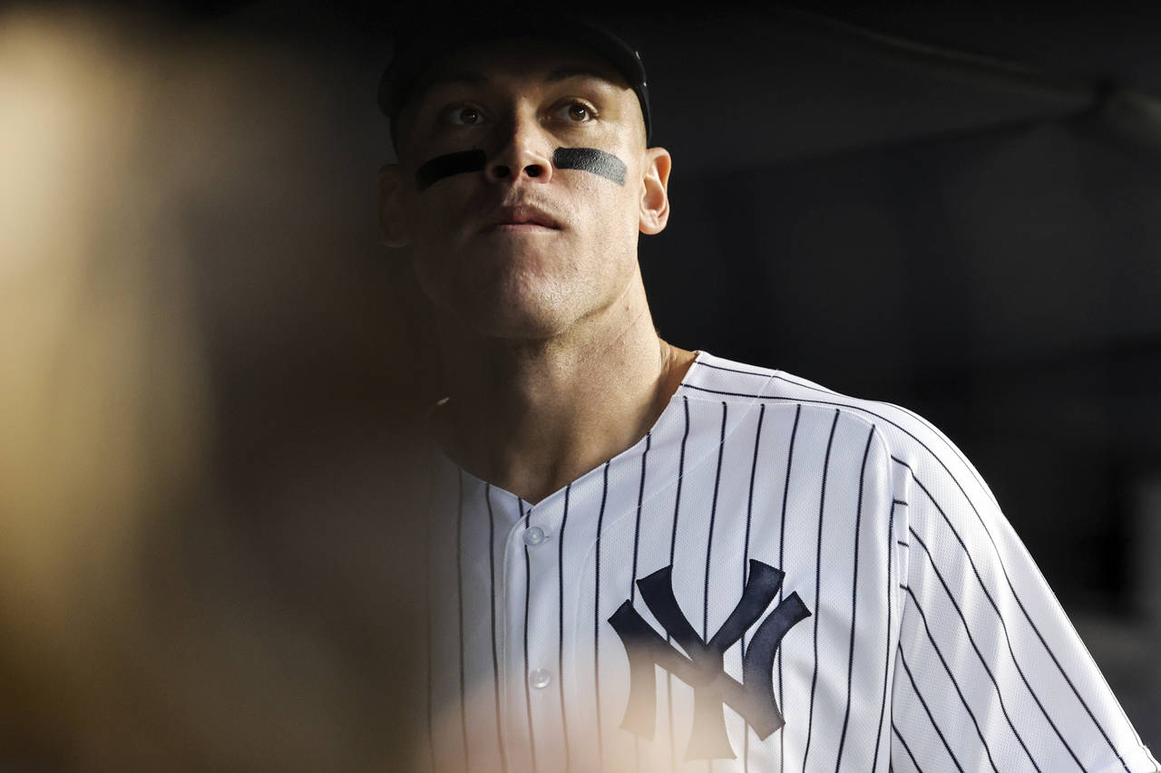 New York Yankees' Aaron Judge looks out before a baseball game against the Boston Red Sox Sunday, S...