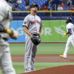 
              Boston Red Sox starting pitcher Rich Hill reacts after giving up a three-run home run to Tampa Bay Rays' Randy Arozarena during the first inning of a baseball game Tuesday, Sept. 6, 2022, in St. Petersburg, Fla. (AP Photo/Mike Carlson)
            