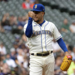 
              Seattle Mariners starting pitcher Luis Castillo pumps his fist while walking off the field during the second inning of a baseball game against the Seattle Mariners, Wednesday, Sept. 14, 2022, in Seattle. (AP Photo/Stephen Brashear)
            