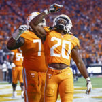 
              Tennessee running back Jaylen Wright (20) reacts to scoring a touchdown during the second half of an NCAA college football game against Akron, Saturday, Sept. 17, 2022, in Knoxville, Tenn. (AP Photo/Wade Payne)
            