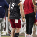 
              Fresno State quarterback Jake Haener is seen on the sideline after being injured while getting sacked during the second half of an NCAA college football game against Southern California Saturday, Sept. 17, 2022, in Los Angeles. (AP Photo/Mark J. Terrill)
            