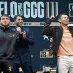 
              Canelo Alvarez, left, and Gennady Golovkin, right, pose during a news conference Thursday, Sept. 15, 2022, in Las Vegas. The two are scheduled to fight in a super middleweight title bout Saturday in Las Vegas. (AP Photo/John Locher)
            