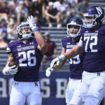 
              Northwestern running back Evan Hull (26) celebrates his touchdown against Southern Illinois with tight end Charlie Mangieri (89) and offensive lineman Caleb Tiernan (72) during the first half of an NCAA college football game Saturday, Sept. 17, 2022, in Evanston, Ill. (AP Photo/Matt Marton
            