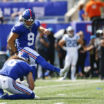 
              New York Giants place kicker Graham Gano (9) kicks a field goal during the first half an NFL football game against the Carolina Panthers, Sunday, Sept. 18, 2022, in East Rutherford, N.J. (AP Photo/John Munson)
            