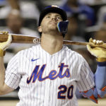 
              New York Mets' Pete Alonso reacts to striking out during the fourth inning of the team's baseball game against the Chicago Cubs on Wednesday, Sept. 14, 2022, in New York. (AP Photo/Adam Hunger)
            