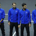 
              From left, Switzerland's Roger Federer, Spain's Rafael Nadal, Serbia's Novak Djokovic and Britain's Andy Murray attend the opening ceremony of the Laver Cup tennis tournament at the O2 in London, Friday, Sept. 23, 2022. (AP Photo/Kin Cheung)
            