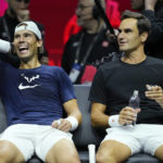 
              Switzerland's Roger Federer, right, and Spain's Rafael Nadal attend a training session ahead of the Laver Cup tennis tournament at the O2 in London, Thursday, Sept. 22, 2022. (AP Photo/Kin Cheung)
            